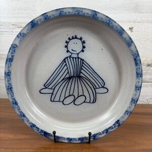 Eldreth Pottery Cobalt Blue Folk Art Rag Dog Pie Plate 11 in. Signed 1980's